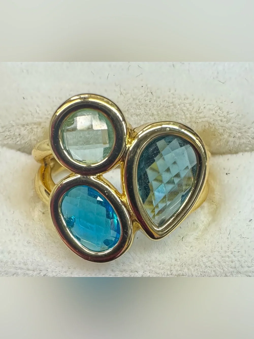 Gold Plated Ring with Aqua, Teal and Light Blue Gemstones - size 7-7.5